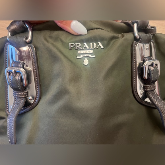 PRADA Handbag - Olive Green Nylon & Leather Trim w/ lock & key. - Picture 8 of 14